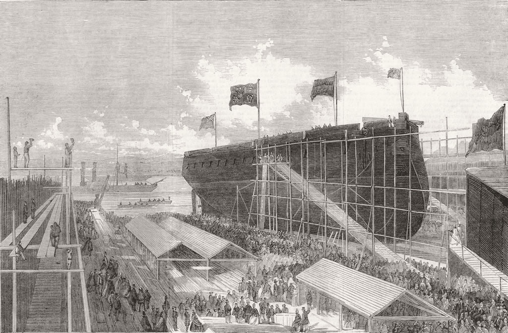 LONDON. Launch. Valiant ironclad-Ram at Admiralty Yd, Isle of Dogs 1863 print